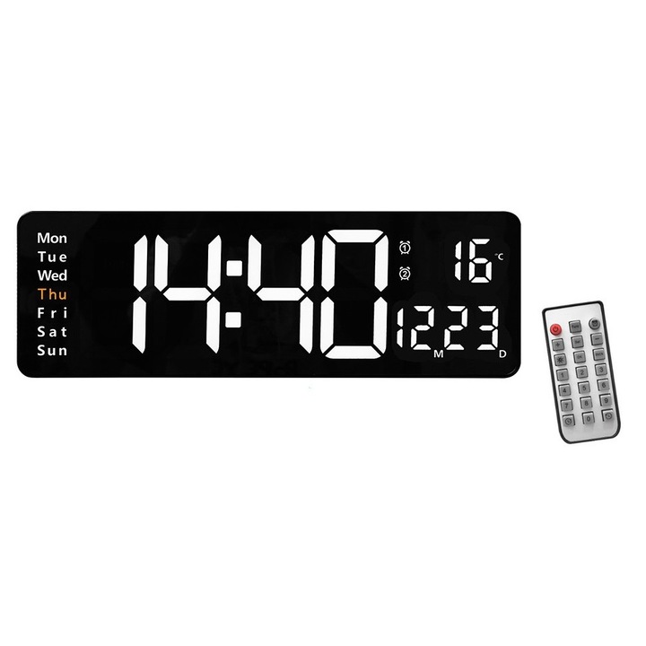 Цифров стенен часовник, с дистанционно управление, функция термометър, календар, таймер, двойна аларма, захранване от кабел/батерия, регулируема яркост, черен, бял светодиод