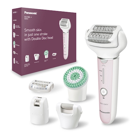 Epilator Panasonic ES-EY80-P503, Wet & Dry, Cordless, 2discuri & 60 pensete, Senzor presiune, Discuri duble, Cap flexibil si pivotant la 90°, 3 viteze, Alb/Roz