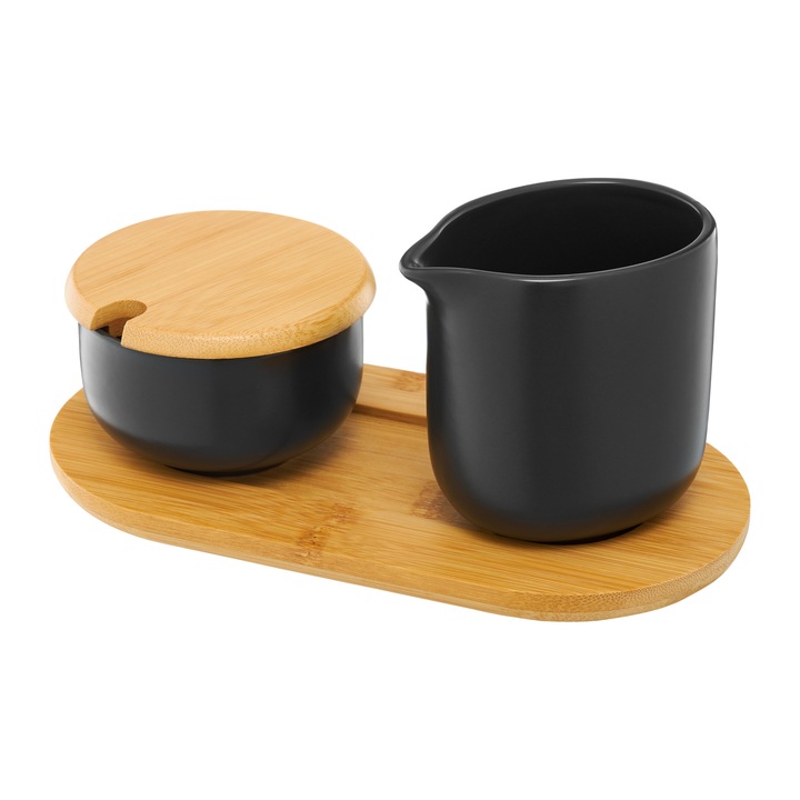 Set tava si doua recipiente pentru zahar si lapte 250ml, negru, Ambition, Natural
