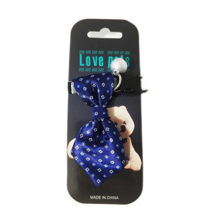 Zgarda ajustabila cu Cravata pentru caini si pisici, talie mica si medie, cu clopotel, Albastru inchis, Ropet