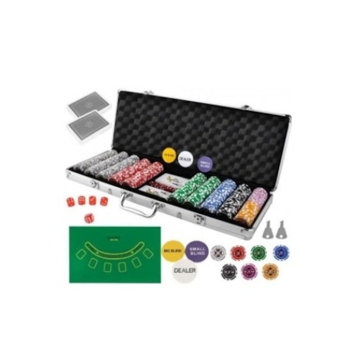 Комплект за покер, 500 чипа, Алуминиева кутия, Включени аксесоари