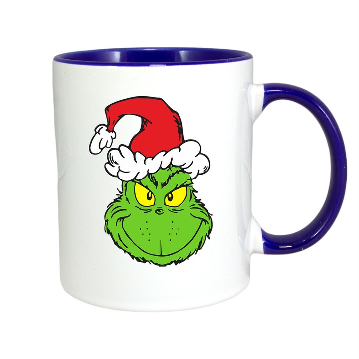 Cana personalizata cu imprimeu Grinch Christmas, Ceramica, 330 ml, Maner si interior Albastru, Model 16