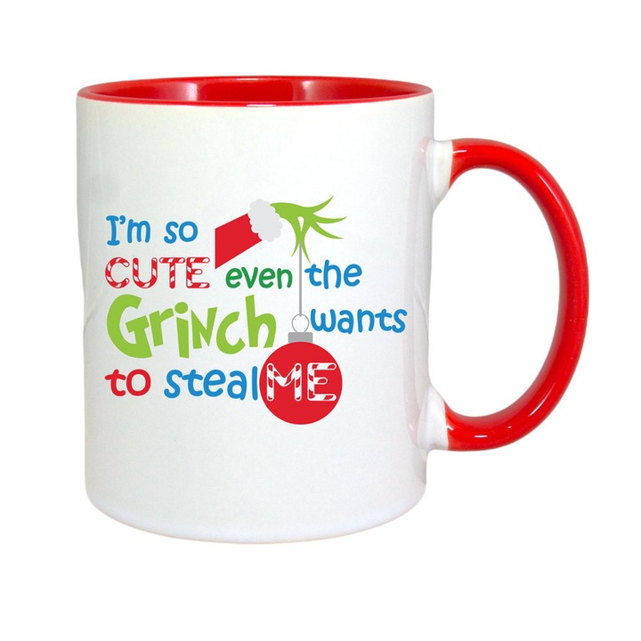 Cana personalizata cu imprimeu Grinch Christmas, Ceramica, 330 ml, Maner si interior Rosu, Model 10