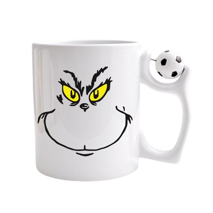 Cana personalizata cu imprimeu Grinch Christmas, Ceramica, 330 ml, Maner cu minge de fotbal, Model 7