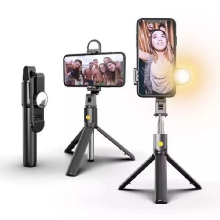 6 az 1-ben Többfunkciós selfie stick Vezeték nélküli mini állvánnyal, LED lámpával és levehető Bluetooth távirányítóval Univerzális telefonhoz, fényképezőgéphez vagy GoPro-hoz, SELFIEPRO