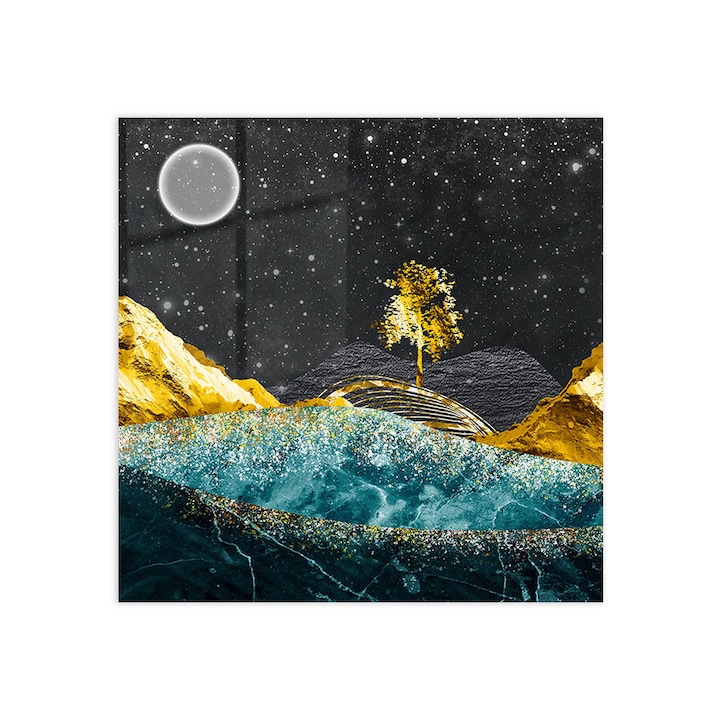 Стъклен панел за гръб на кухня, ARTHUB, Blue & Gold Mountains, 60x60cm