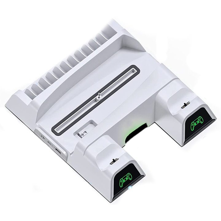 Stand vertical de racire Oivo pentru PS5 si pad-uri, Incarcator dublu pentru controllere, Indicator incarcare, USB Type C, White