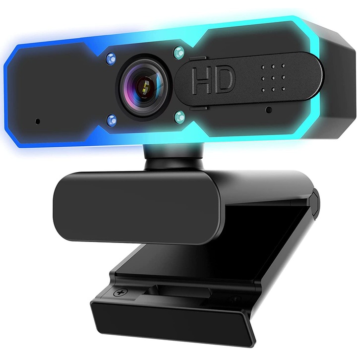 Camera Web Qeno® Gaming PC Webcam, Full HD 2MP 1920x1080/60FPS, Corectie De Lumina, Lentile Auto Focus Rapid, 2 Microfroane Stereo, 4 Lumini, 7 Culori RGB, Plug & Play, 1.7M Cablu, Inclus Privacy Cover, Negru