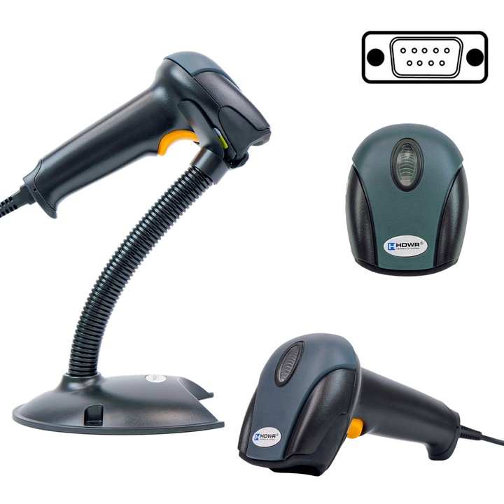 Баркод скенер с поставка, автоматично сканиране, 200 сканирания в секунда, RS232 интерфейс, IP54 защита, ергономичен скенер, програмируем префикс и суфикс, лазерен, HDWR, HD29A