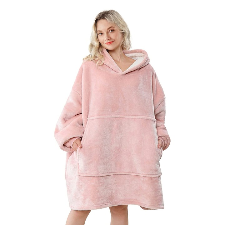 Одеяло с качулка, с ръкави и качулка, преден джоб, пухкав, лек и топъл материал, универсален размер, розово