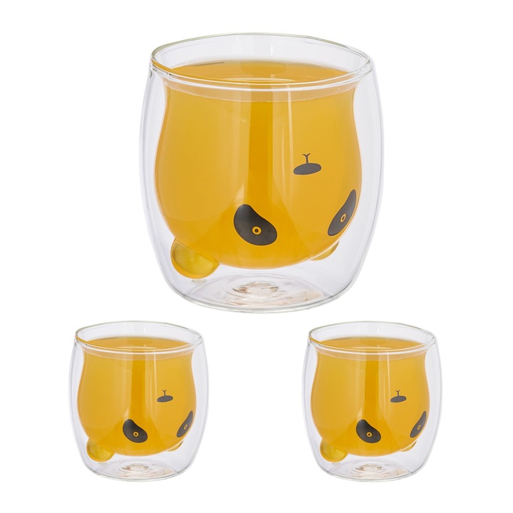 3 db barosilikát üvegpohár készlet, Relaxdays, panda modell, hőálló dupla falú, 300 ml
