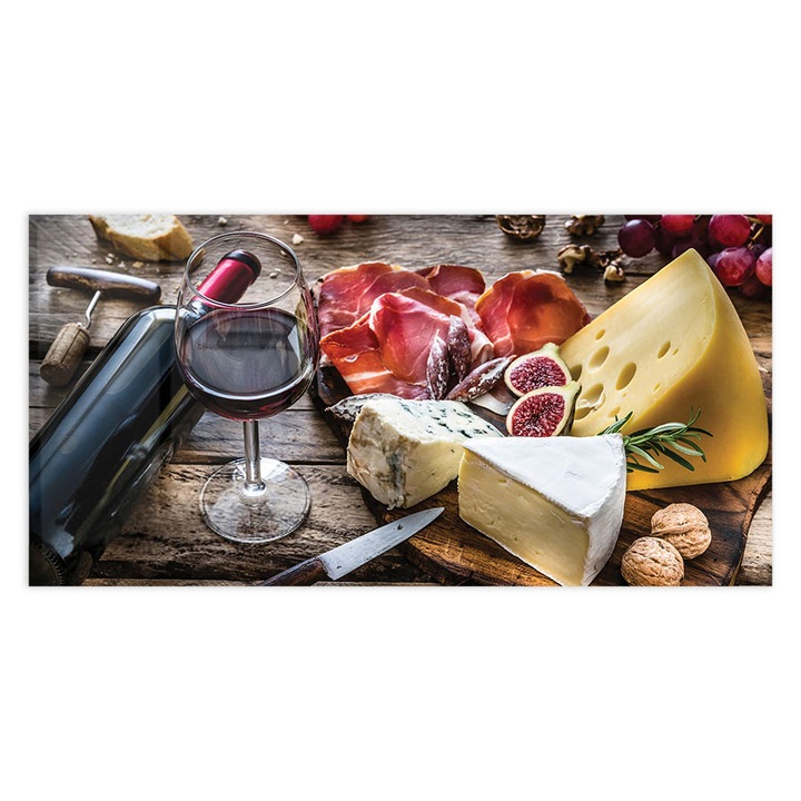 Konyhai üveg hátfal, Wine and Cheese on rustic wood table, 60x120cm