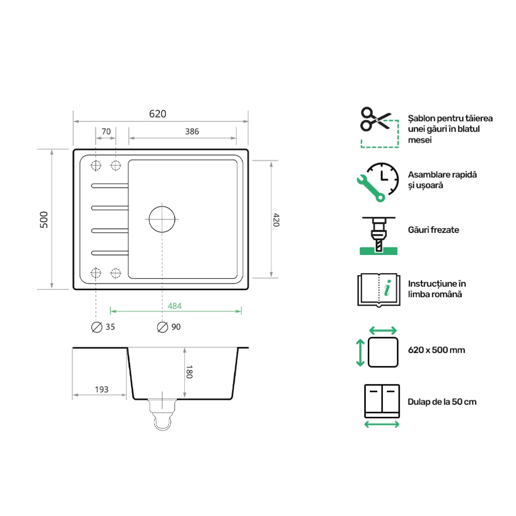 Chiuveta de Bucatarie Granit cu Baterie 5000 si Sifon Automat, 62x50 cm