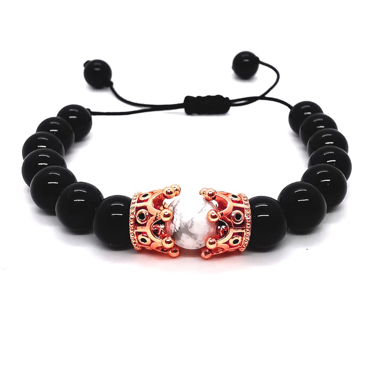 Bratara reglabila din onix cu pandantiv 2 coroane gold rose