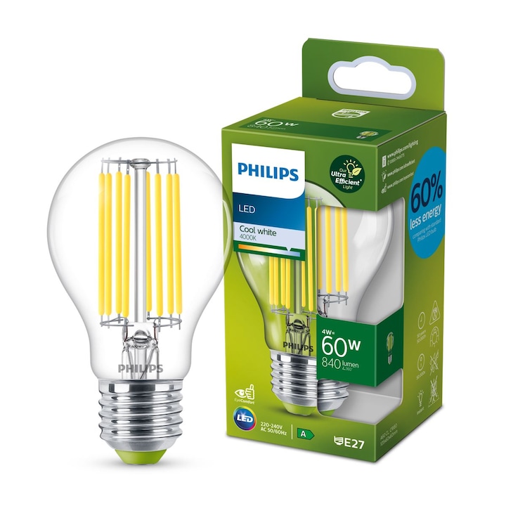Bec LED Philips A60, E27, 4W (60W), 840 lm, lumina alba rece (4000K), clasa energetica A