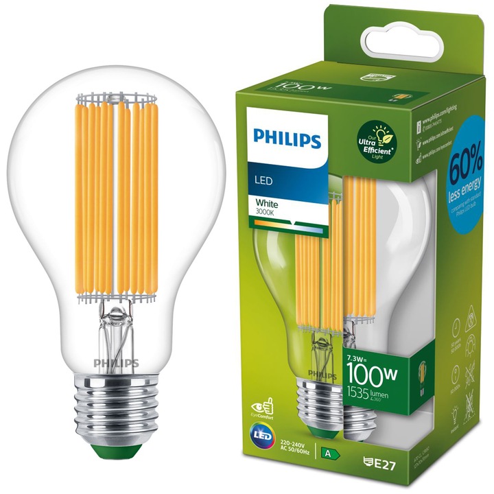 Philips A70 LED izzó, E27, 7,3 W (100 W), 1535 lm, meleg fehér fény (3000 K), A energiaosztály