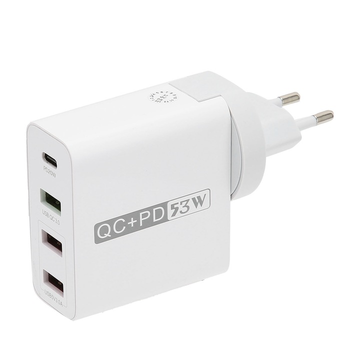 Incarcator 53W, 4 Porturi, Suport PD 20W si Qualcomm QC 3.0, Fast Charging, Stecher EU/US