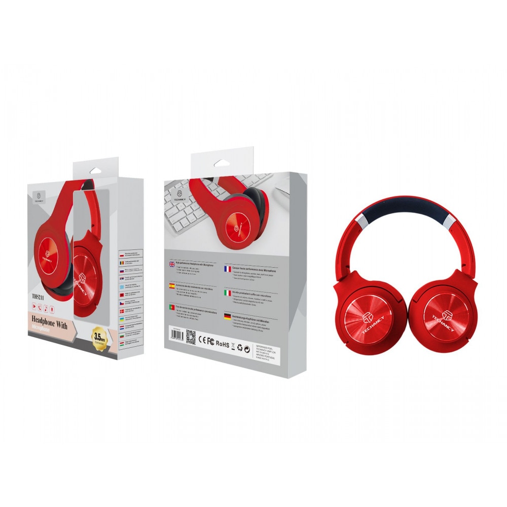 Casti audio on ear Techancy, Cu microfon, Jack 3.5mm, Rosu