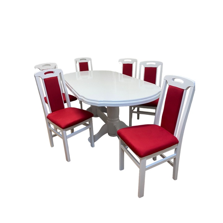 Set masa living SR Zork alba plus 6 scaune SR Rim alb/rosu, 74x90x160/200 cm