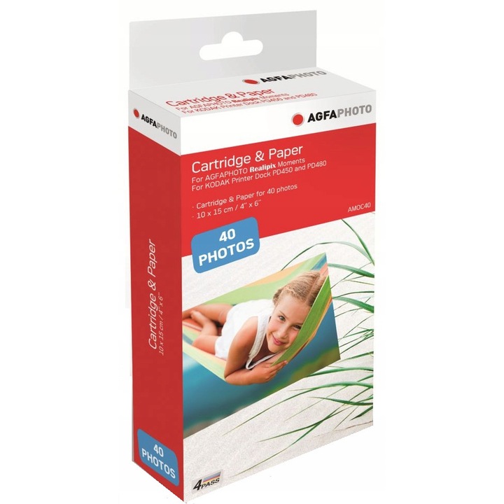 Set hartie foto si cartus AgfaPhoto AMOC40 pentru Realipix Moments si Kodak PD450, PD480, PD450WIFI