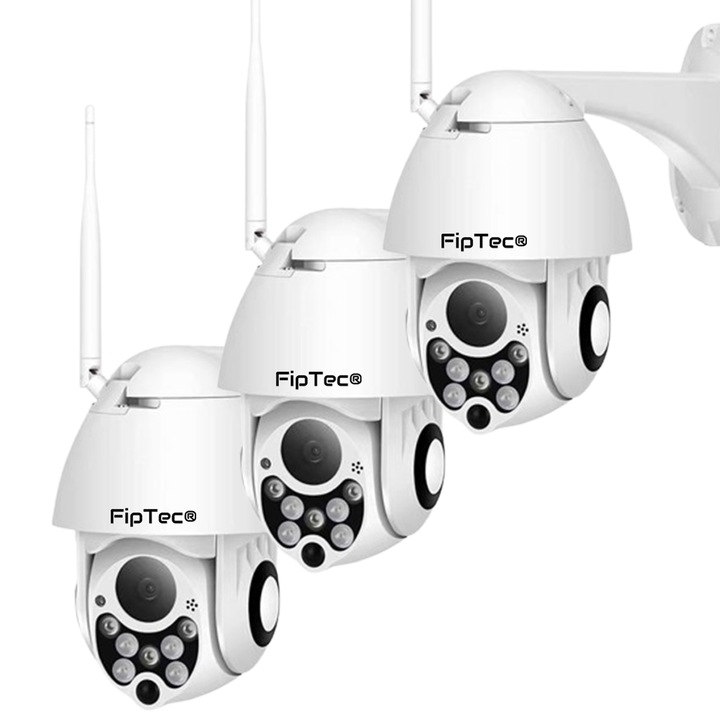 FipTec LO12 Advanced okos kamera készlet, kültéri felszerelés, WiFi, Full HD 1080p, 360°-os forgatás, vízálló, színes éjszakai látás 20 m-ig, mozgásérzékelő, telefonértesítések, automatikus objektumkövetés, Android/iOS/PC, 3 db