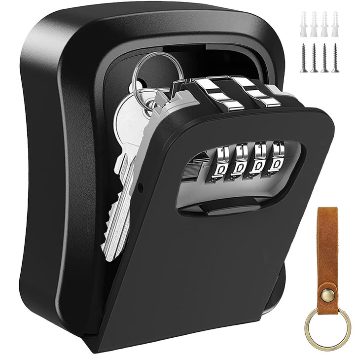 Cutii pentru Chei, BYONDSELF®, Aliaj Aluminiu, Rezistent Lovituri, Indestructibil, Securitate Ridicata, Impermeabila, Inchidere Cifru, Pune 5 Chei, 115X95X40 mm, Regim Hotelier, Booking, AirBnb, Negru