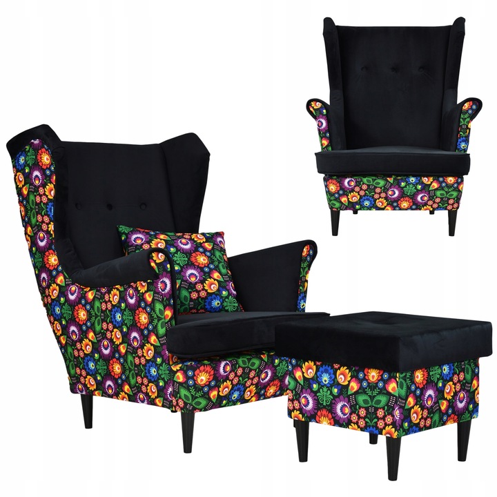 Fotel Family Meble Lábtartóval Fa Ari Print Duo Skandináv Kárpitos Nappali Bársony 104x84x92