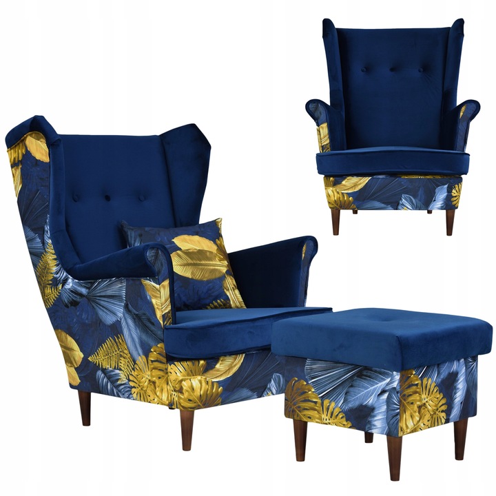 Fotel Family Meble Lábtartóval Fa Ari Print Duo Skandináv Kárpit Bársony Nappali 104x84x92