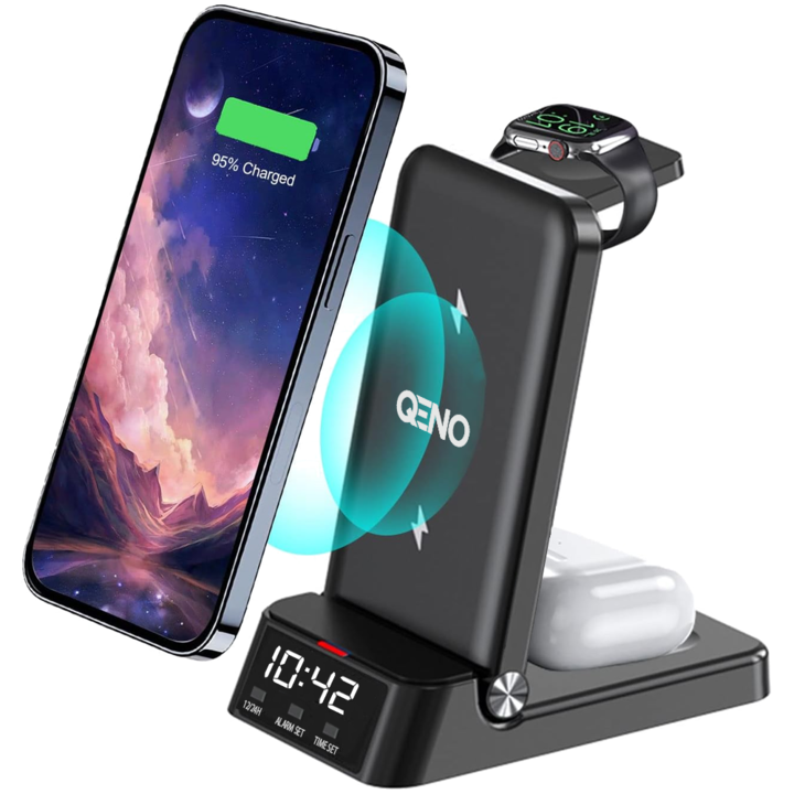 Qeno Vezeték nélküli töltő 4 az 1-ben, Qi gyorstöltő 25 W gyorstöltés, ébresztőóra, csak Apple Watch Series 2-7, Airpods 2/3/PRO és iPhone Android Samsung Huawei Xiaomi készülékekkel kompatibilis, fekete
