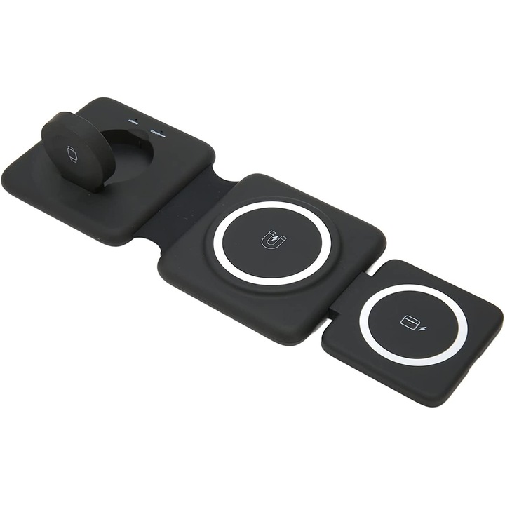 Danex 3 az 1-ben összecsukható vezeték nélküli tölt, Magsafe 15W, FastCharge, Travel, kompatibilis Iphone, Samsung, Apple Watch, Airpods Pro, fekete