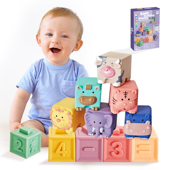 Cuburi pentru bebelusi, 12 bucati, 0-18luni, Silicon, Multicolor