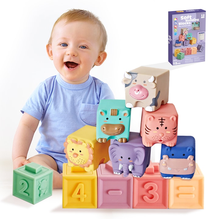 Кубчета за бебета, 12 броя, 0-18 месеца, Силиконови, Многоцветен