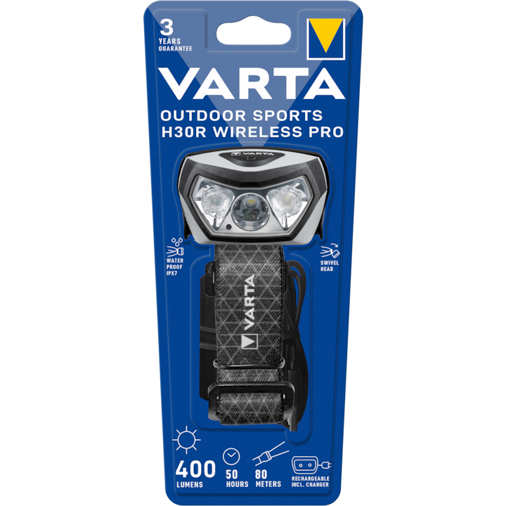 Lanterna LED frontala reincarcabila Varta Outdoor Sports H30R Wireless Pro, 400 lm, IPX7, acumulator 1800 mAh
