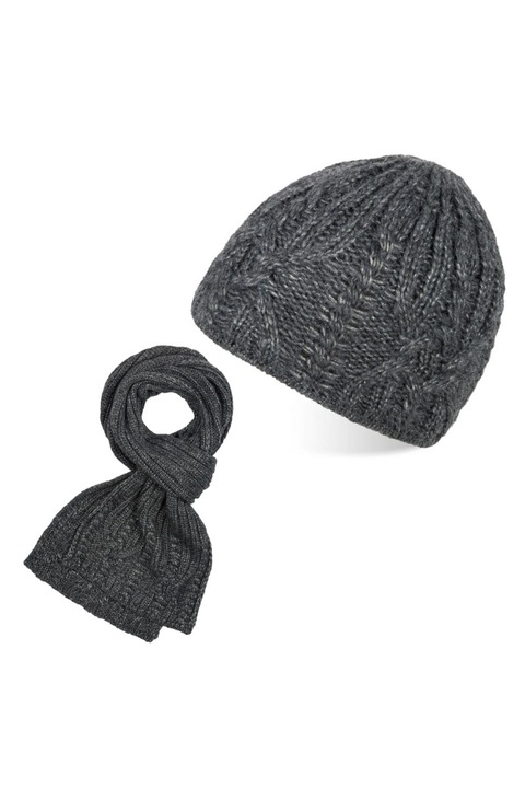 Set caciula si fular de iarna pentru femei, Paolo Peruzzi, Poliester/Lana/Acril, 55-57cm, Gri