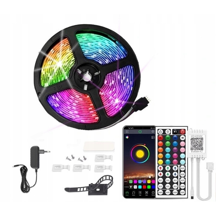 Banda LED, Aiopp, 5M, RGB, Bluetooth, Multicolor