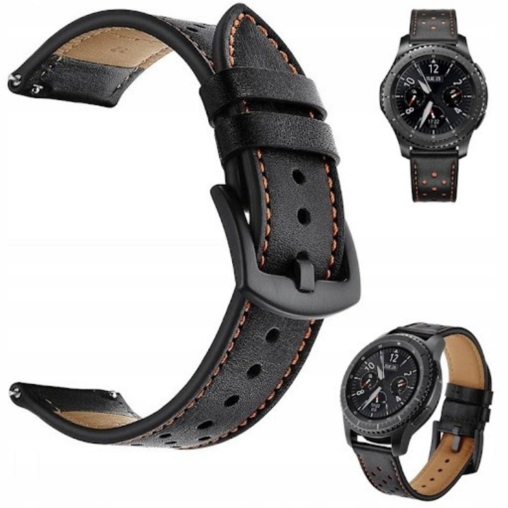 Curea din piele naturala pentru, Samsung Galaxy Watch 4 40/42/44/46 / Galaxy Watch 5 40/42/44/46 / Huawei Watch GT 2 42MM / GT 3 42mm / Amazfit GTS / GTS 2 / GTS 4 / 20 mm, Negru