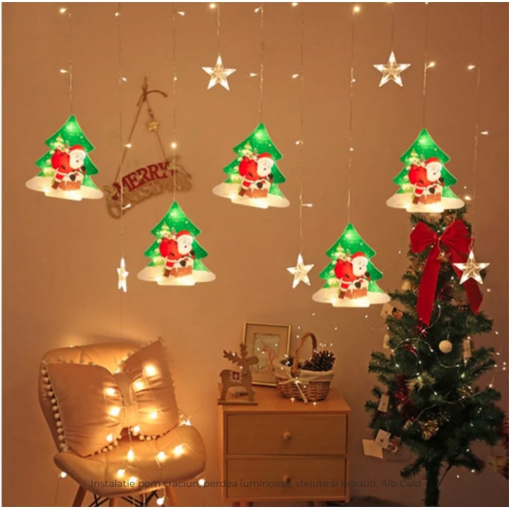 Instalatie Craciun tip perdea 5 figurine bradulet de 13cm si 5 stelute de 9cm 8 jocuri de lumini
