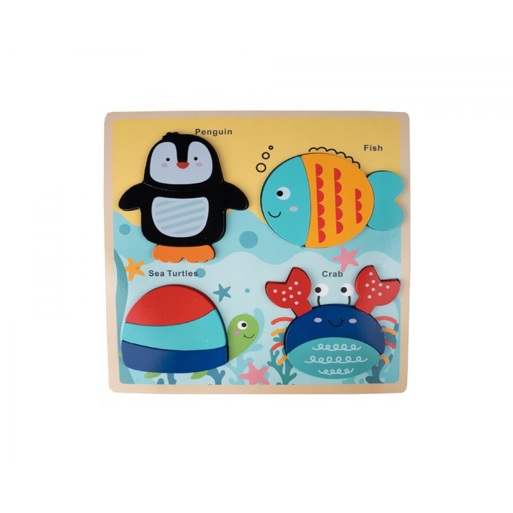 Set puzzle din lemn cu animalute, 14 piese, 30x30cm Multicolor