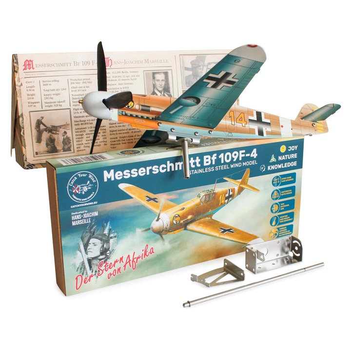 Set de baza Catch Your Wind girueta din inox, model de avion de lupta Messerschmitt Bf109F-4 Hans-Joachim Marseille