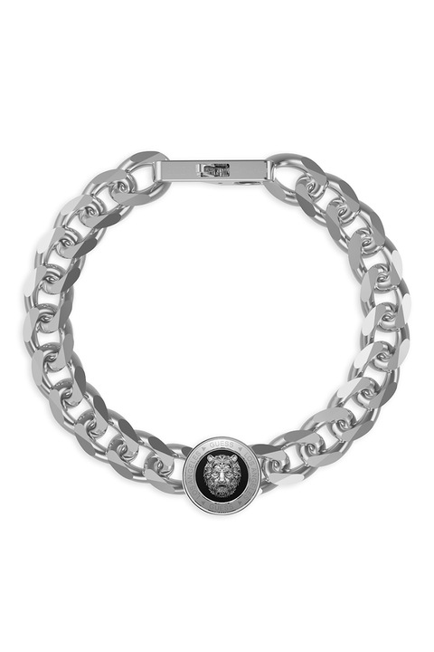 GUESS, Bratara din otel inoxidabil cu talisman cu logo, Argintiu