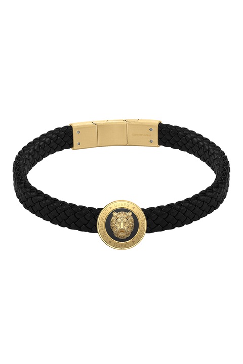 GUESS, Bratara din piele si otel inoxidabil cu aspect impletit, Auriu, Negru