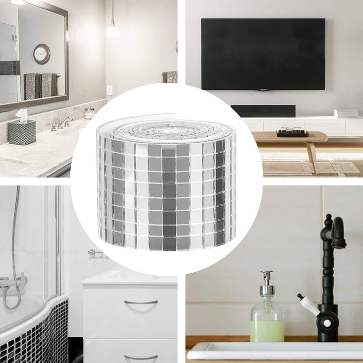 Banda Adeziva din Oglinda pentru Home Design si Decor Obiecte, 1024 Bucati, Dimensiune 4 x 100 cm, Argintiu, Original Deals®