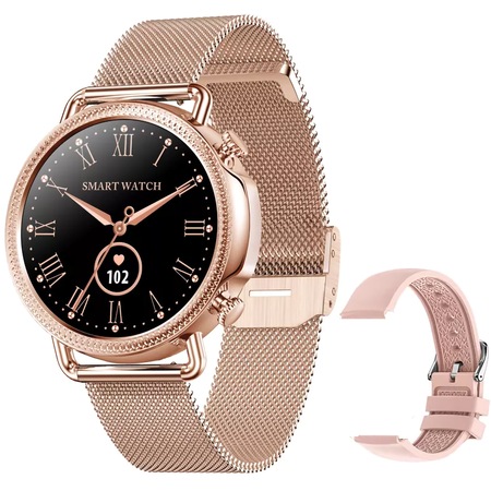 Ceas smartwatch dama LQT LuXo, bratara metalica si siliconica, ritm cardiac, Temperatura, vibratii, multi sport, ciclu menstrual, Auriu