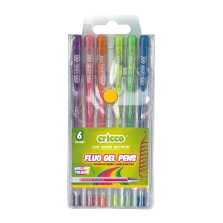 6 db fluoreszkáló gél toll készlet, Cricco, többszínű