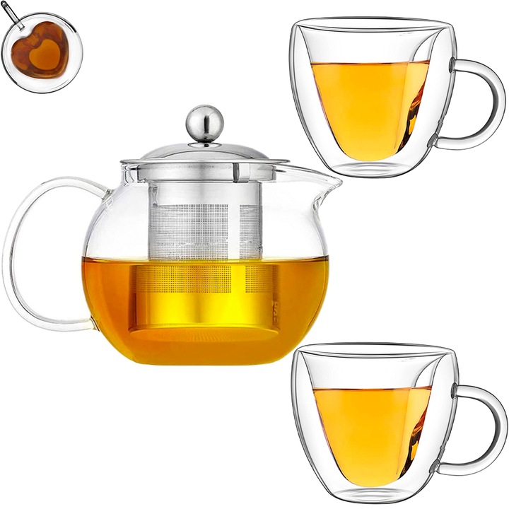 Quasar & Co.®, Teáskanna rozsdamentes acél szűrővel és 2 dupla falú bögrével, Love, 650 ml + 2 x 250 ml, átlátszó