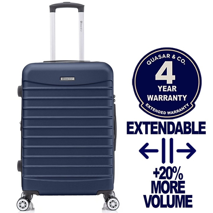 Közepes méretű bővíthető bőrönd 66x41x26-31 cm, LINE modell Quasar & Co.®, ABS 2.8 mm, lopásgátló cipzár, számzár, teleszkópos fogantyú, 4 dupla csendes kerék 360°-os forgással, 2 rekesz belső zsebbel, feladott poggyász, Sötétkék