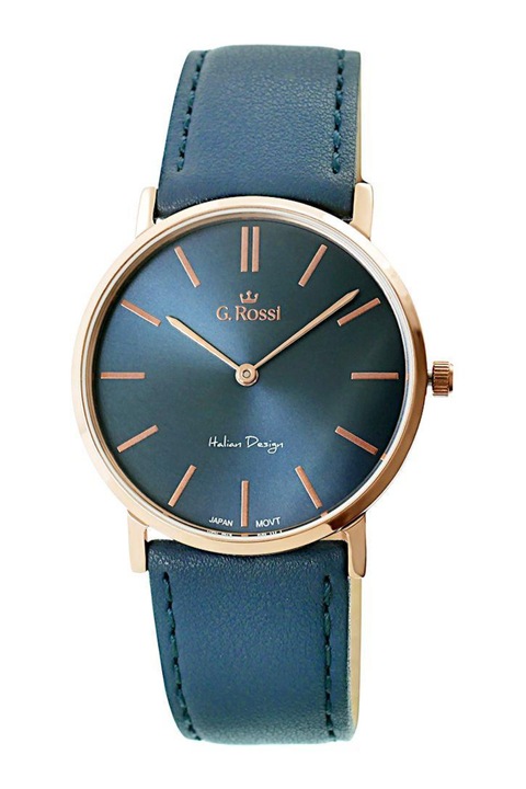 Ceas barbatesc, G.Rossi, Mecanism Quartz, Afisaj analogic, Otel inoxidabil, Piele, Albastru, Auriu