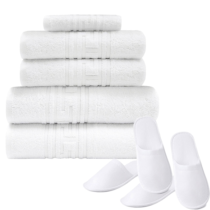 Комплект памучни хавлиени кърпи Quasar & Co.®, и 2 чифта чехли, 600 гр/м2, 2 x 50 x 90 cm см, 2 x 70 x 140 см, 1 x кърпа за крака 50 x 70 см, Бял