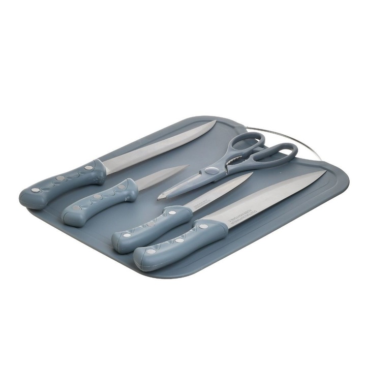 Set bucatarie cu 6 piese, 4 cutite, 1 foarfeca si 1 tocator, gri