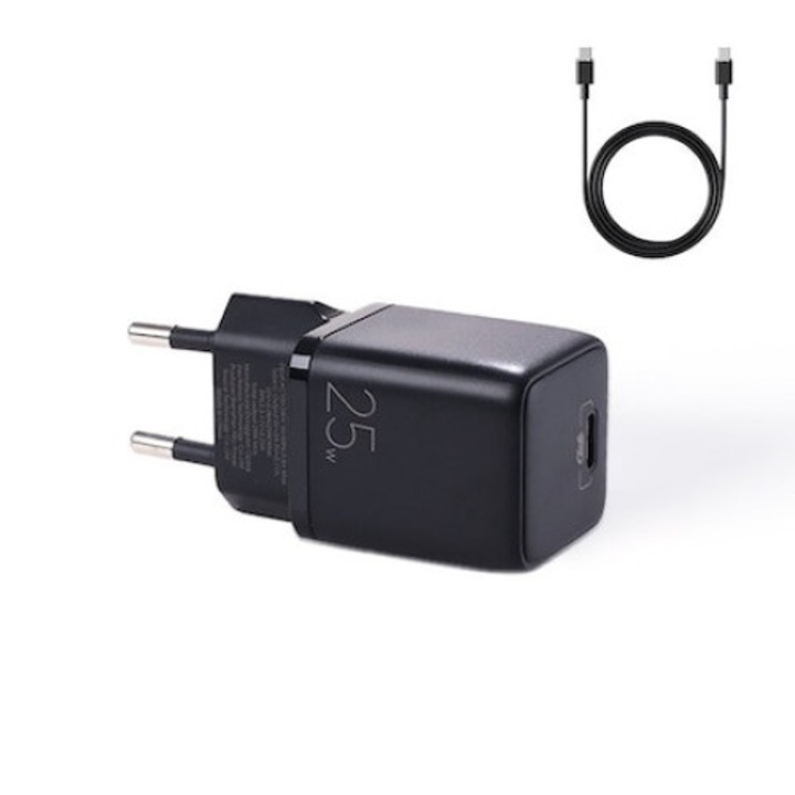 Incarcator retea Mini Joyroom L-P251, USB-C, 25W, 3A, Cablu USB-C la USB-C 1m inclus, Negru